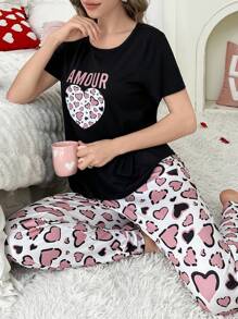 Leopard Print Heart Pattern Women Short Sleeve Top And Long Pants Pajama Set - Multicolor - View 6