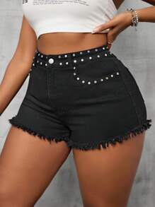 SHEIN SXY Plus Size Women Rivet Design Pockets With Frayed Hem Casual Denim Shorts
