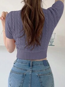 DAZY Women V-Neck Cable Knit Short Sleeve Crop Top, Light Grey-Purple, Spring/Summer