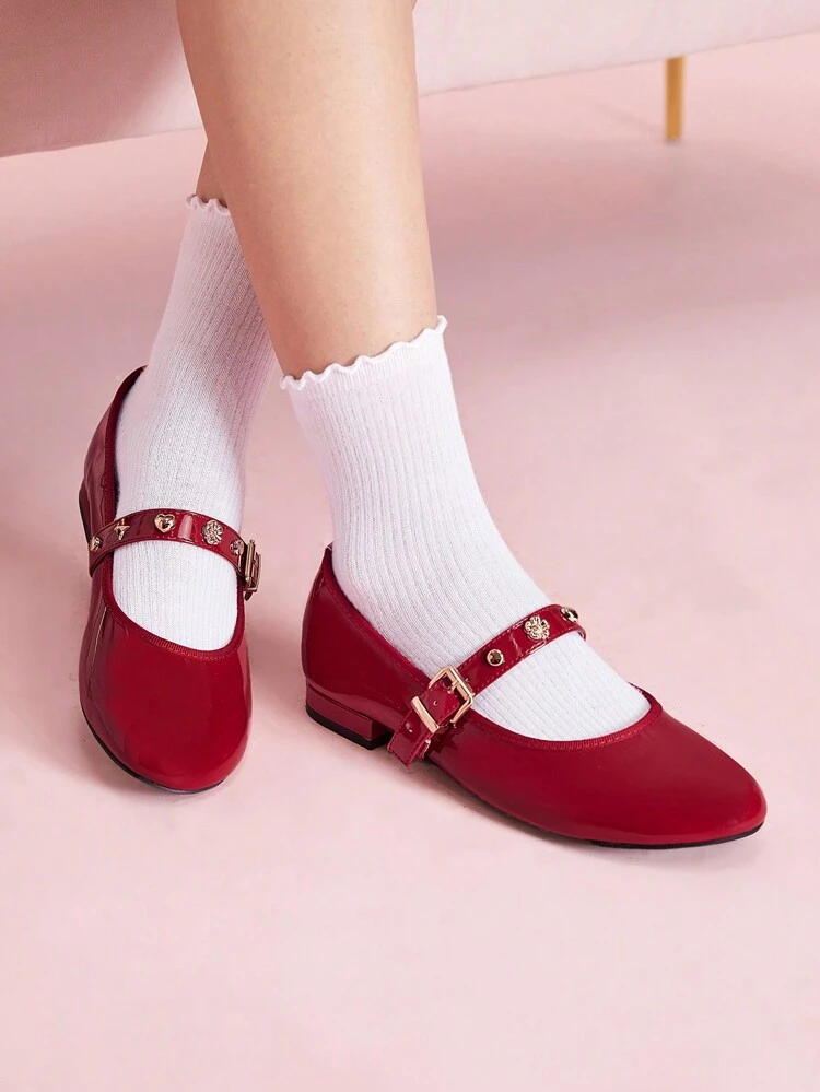 CUCCOO DOLLMOD 女性用ラウンドトウ マロンミラーパテントレザー ローヒール メリージェーン ストラップ レトロミニマリスト キュートなフラットシューズ バレンタイン