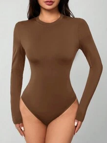 SHEIN PETITE Solid Knit Stretch Fitted Black Bodysuit - Coffee Brown - View 6