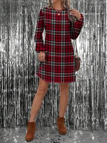 SHEIN LUNE Red Black White Plaid Allover Print Party Atmosphere Festival Mini Dress For Women - Multicolor - View 5
