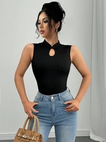 Selianne Fashionable Sexy Romantic Retro Sleeveless Button Knit Tank Top For Women - Black - View 5