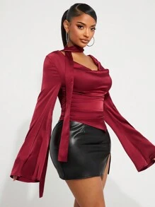 SHEIN SXY 秋冬休闲性感通勤格纹衬衫，镂空系带无袖衬衫 - 彩色 - 查看 5