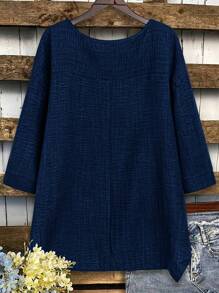 大码休闲纯色不对称下摆衬衫，秋季 - 藏蓝色 - 查看 2