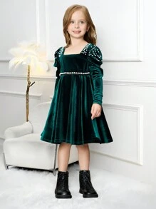 SHEIN Young Girl Ribbed Square Neck Beaded Gigot Sleeve Fitted Dress For Kid Christmas - Green - View 5