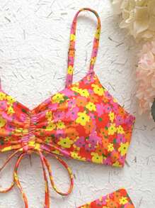 SHEIN Swim Print Random Spaghetti Strap Wireless Drawstring Tankini Top And Bikini Bottoms, Cute Beach Bikini Set For Women Summer - Multicolor - View 5