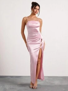 Glamine 新款浅粉色缎面露背吊带开衩高开衩手工立体蝴蝶结修身性感长裙，女士舞会礼服，约会礼服，四季成人服装，女士端庄连衣裙，情人节礼服，情人节服装 - 淺粉色 - 查看 4