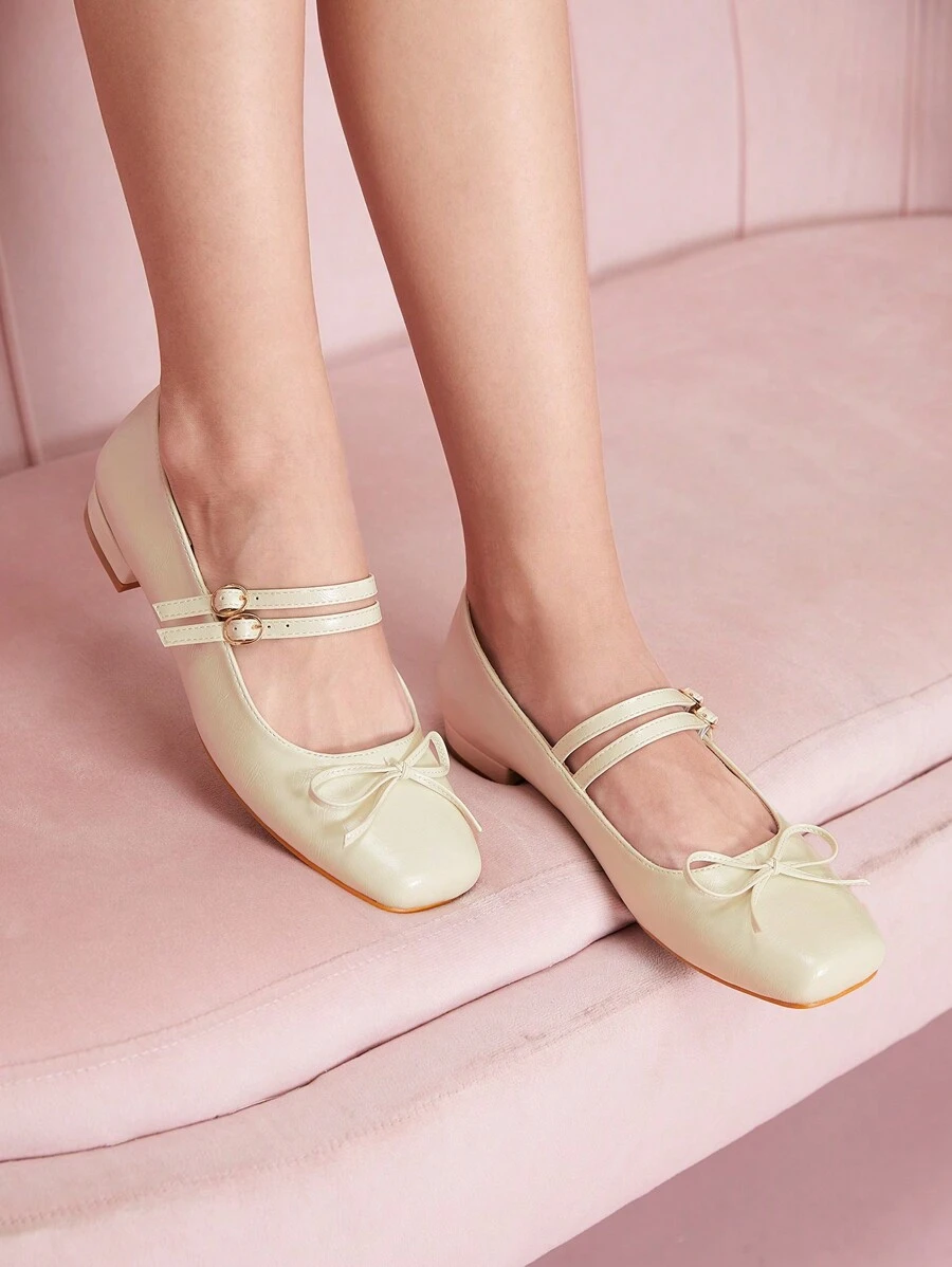 CUCCOO DOLLMOD 女士平底红色方头格子玛丽珍鞋，低跟可爱校园风格，适合圣诞节和新年假期氛围秋冬季 - 杏色 - 查看 1