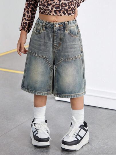 SHEIN Unga flickor Y2K nostalgiska vintage blå denim capri shorts, vår och sommar casual semester hobokläder flera cargofickor gatucoola denimshorts
