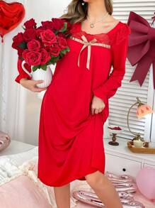 Camisón casual de mujer con cuello redondo, parches de encaje y decoración de lazo en las mangas largas