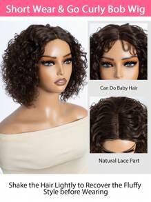 短款棕色卷发蕾丝假发 人发无胶水波波头假发 中分 10 英寸深波卷发蕾丝前假发