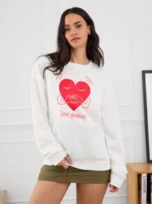 Manfinity VCAY Unisex Heart Graphic Print Loose Drop Shoulder Crew Neck Pullover Sweatshirt, For Fall Winter - White - View 5