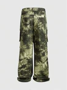 ROMWE MEN Street Life Men's Casual Tie-Dye Wide Leg Cargo Jeans - Army Green - View 7