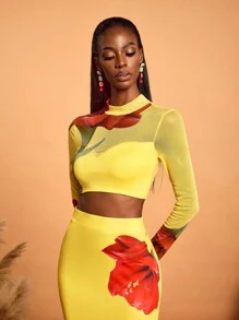 HEAVINZ LANE 设计师波西米亚风浅黄色春夏花卉印花奶油黄网眼高领短款上衣，适合女士夏季热带度假、外出、节日、伊比沙岛 - 黃色 - 查看 3