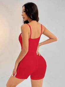 SHEIN PETITE 休閒簡約純色吊帶連身褲，適合夏季，修身女款連身褲，適合嬌小女性 - 紅色 - 查看 2