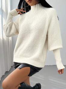 Chiquease Damen Lockererer Glockenärmel-Pullover mit Stehkragen aus Flauschstoff, Herbst/Winter