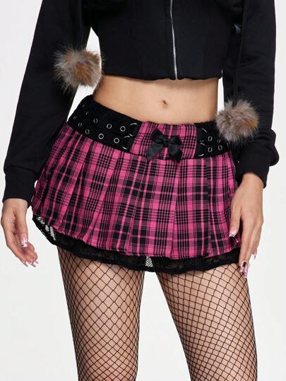 Y2K Stil Niedrige Taille karierte Kontrast Farbe Metall Dekor Schleife Rock für Frauen