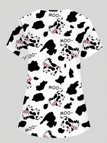 PopScrub 女式 V 领短袖可爱奶牛印花动物卡通护士/医生/宠物美容师/营养师/实验室工作手术制服上衣，带多个口袋，图案印花女式 T 恤，实惠实用的女性节日、情人节、新年上衣 - 白色 - 查看 2