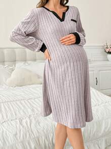Soft Textured Ribbed Color Block Maternity Sleep Dress, Casual & Minimalist - Mauve Purple - View 5