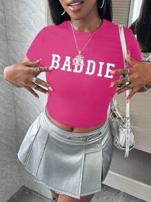 BamGleam Women Round Neck Letter Print Short Sleeve Fitted Cropped T-Shirt - Hot Pink - View 3
