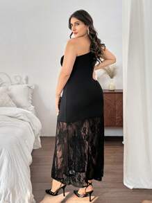 SHEIN Privé Plus Size Women's Asymmetrical Shoulder Lace Patchwork Mermaid Hem Romantic Lace Asymmetric Collar A-Line Dress, Suitable For Romantic Dates And Gatherings, Spring/Summer