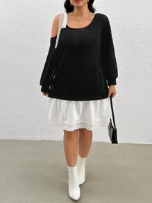 SHEIN Frenchy Robe midi ample et décontractée de style mode, au col asymétrique en dentelle, avec patchwork et blocs de couleurs asymétriques. Style tendance Ins, convient pour le thé de l'après-midi, les sorties, les rendez-vous, le printemps/été. Tailles plus. - Noir et Blanc - Voir 6