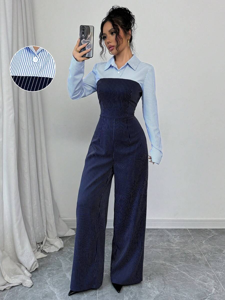 Selianne 休闲百搭通勤衬衫 + 裤子套装，带撞色条纹面板和纽扣细节，修身廓形，秋冬 - 彩色 - 查看 1