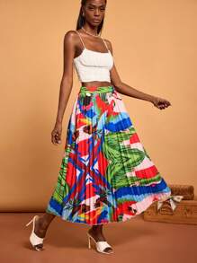 SHAQUITA GARCIA 设计师波西米亚风女式简约热带雨林印花百褶裙，适合休闲度假、春夏、海滩、节日、伊比沙岛 - 彩色 - 查看 7