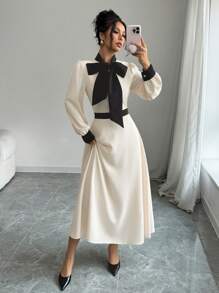 SHEIN Frenchy فستان طويل كاجوال قتامة صامتة مُلحمة بالدانتيل طويل الأكمام قصبة القزم، فستان طويل ذو رقبة ملثمة وأشرطة لطراز عربي، إطلالة المرأة