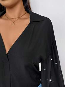 SHEIN Privé Plus Size Women Valentine's Day Solid Lantern Sleeve Front Pleated Beaded Detail Blouse - Black - View 7