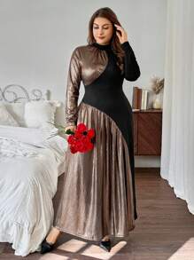 SHEIN Privé 大码女式不对称浪漫玫瑰金花卉贴花长裙，优雅立领黑色长裙，适合情人节 - 黑色 - 查看 6