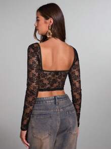 SHEIN BAE 女式甜心领长袖蕾丝拼接黑色紧身胸衣上衣性感新年上衣，新年女装，女式紧身胸衣上衣