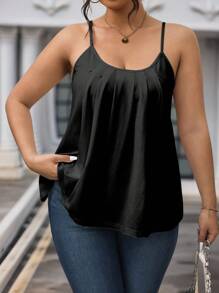 SHEIN LUNE Plus Size Solid Color Pleated Camisole Top - Black - View 6