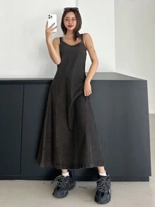 DAZY Women's Casual Washed Denim Cami Dress - Black - View 5