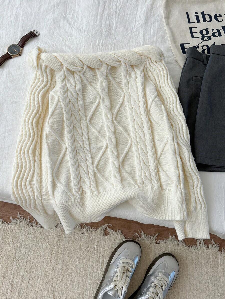 SHEIN Privé Plus Size Women Valentine's Day Apricot Unique Sexy Cable Knit Off Shoulder Sweater - Apricot - View 1