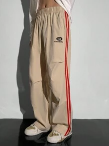 SHEIN Teen Boys Casual Loose Fit Khaki Pants With Oversized English Print, Sporty Street Stylish - Khaki - View 5