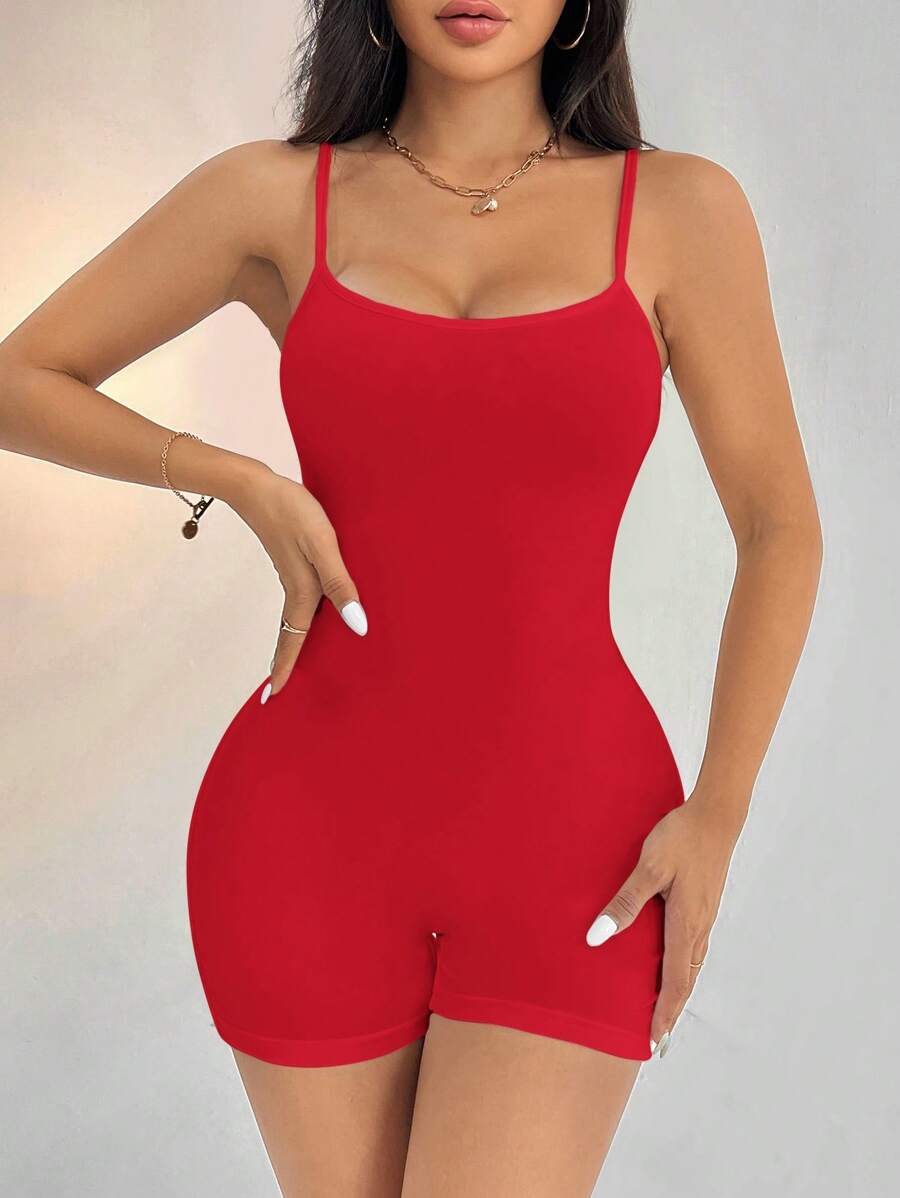 SHEIN PETITE 休閒簡約純色吊帶連身褲,適合夏季,修身女款連身褲,適合嬌小女性 - 紅色 - 查看 1