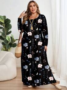 EMERY ROSE 休闲简约全身花卉印花大码长袖圆领连衣裙，适合秋冬季 - 彩色 - 查看 3