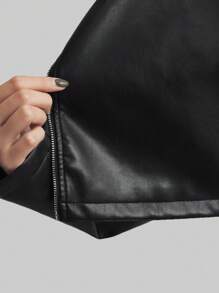 Ontre 女士黑色超大宽松机车短款 PU 金属拉链长袖夹克，适合情人节、春季