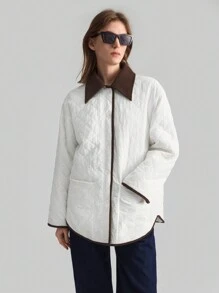 Ontre Women's Contrast Trim Long Sleeve Pocket Casual Winter Jacket, Minimalist Design