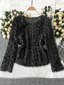SHEIN Clasi Plus Size 3D Rose/Flower Mesh Long Sleeve Jacket, Valentine's Day Fall Cloth For Women - Black - View 1