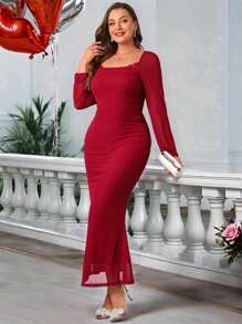 SHEIN Clasi Plus Size Women Square Neck Long Sleeve Mermaid Hem Slim Fit Elegant Dress - Burgundy - View 3