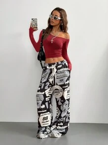 Coolane 女孩秋冬日常穿着必备针织弹力舒适不对称领口长袖上衣 - 酒紅色 - 查看 6