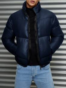 SHEIN Cottnline Men's Basic Casual Style With Special Stitching Design Fitted Padded Coat - Navy Blue - View 5