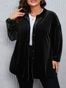 SHEIN CURVE+ Large Christmas Red Velvet Shirt Jacket - Black - View 6