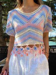DAZY Blusa de mujer con bloques de color degradado y detalles de flecos, top corto para mujer
