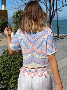 DAZY Blusa de mujer con bloques de color degradado y detalles de flecos, top corto para mujer