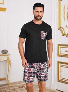 Manfinity Homme Conjunto de camiseta de manga corta y pantalones cortos para hombre, estilo sencillo y casual para uso diario