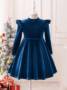 SHEIN Vestido de terciopelo de unicolor con volantes para niña, vestido de manga larga elegante tipo pastel, ideal para uso casual y diario, y para el colegio en otoño e invierno, para Navidad, vacaciones, combinado madre e hija, color verde, para Navidad, uso en fiestas, vestido de cumpleaños, vestido de princesa